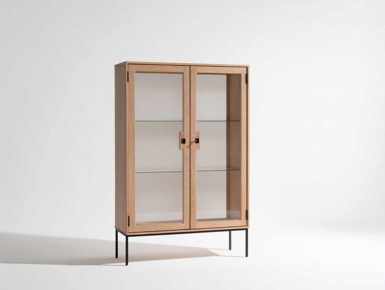 Vetrina-Legno-Vetro-Metallo-92x40x136 cm-Rovere naturale-Trasparente-Nero-Stile scandinavo