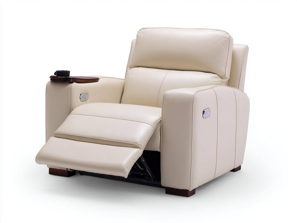 Poltrona reclinabile in cuir synthétique crema 102x93x101 cm per soggiorno - vassoio laterale integrato - stile contemporaneo